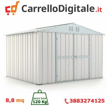 Box in Acciaio Zincato Casetta da Giardino Esterna 3.27 x 2.69 m x h2.17 m - 132 KG – 8.80 metri quadri - BIANCO