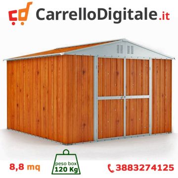 Box in Acciaio Zincato Casetta da Giardino Esterna 3.27 x 2.69 m x h2.17 m - 132 KG – 8.80 metri quadri - LEGNO