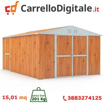 Box in Acciaio Zincato Casetta da Giardino in Lamiera 3.27 x 4.59 m x h2.17 m - 201 KG – 15,01 metri quadri – LEGNO