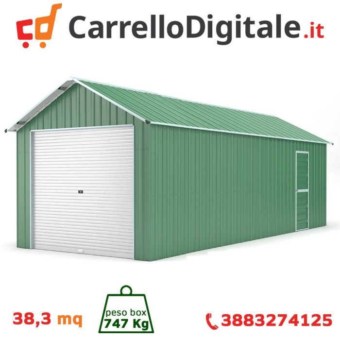 Box in Acciaio Zincato Box Auto 3.60 x 10.66 m x h 3.15 m - 747 KG - 38.37 metri quadri - VERDE