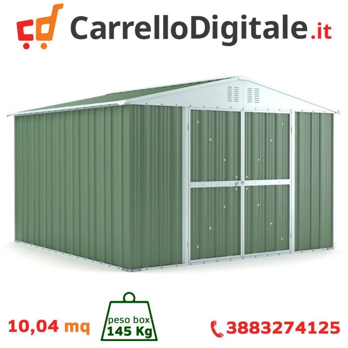Box in Acciaio Zincato 3.27 x 3.07 m x h2.17 m - 145 KG – 9,4 metri quadri - VERDE