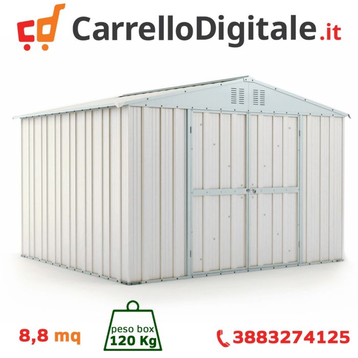 Box in Acciaio Zincato Casetta da Giardino Esterna 3.27 x 2.69 m x h2.17 m - 132 KG – 8.80 metri quadri - BIANCO