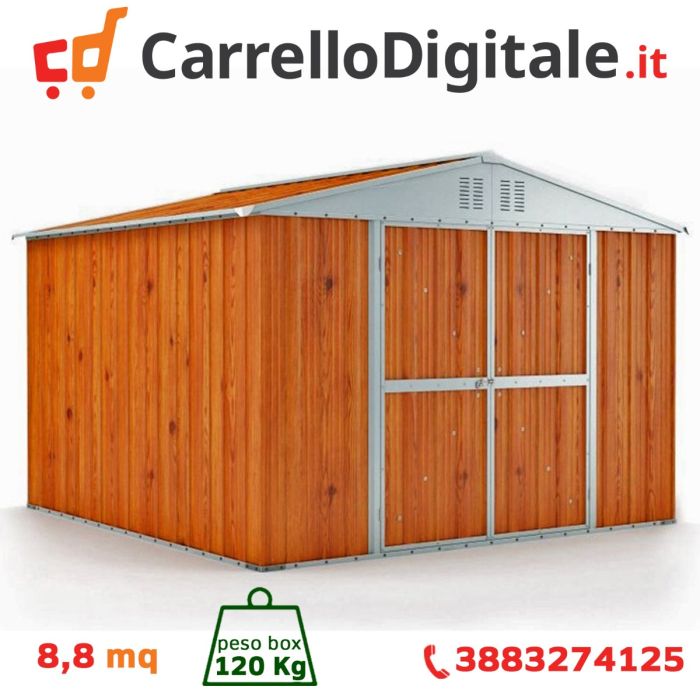 Box in Acciaio Zincato Casetta da Giardino Esterna 3.27 x 2.69 m x h2.17 m - 132 KG – 8.80 metri quadri - LEGNO