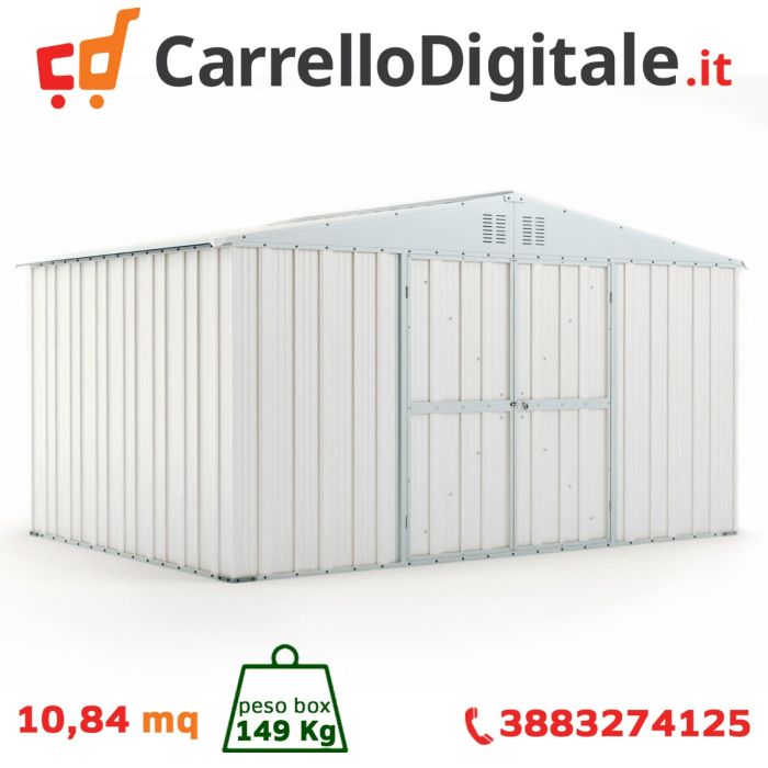 Box in Acciaio Zincato Casetta da Giardino Esterna  4.03 x 2.69 m x h2.17 m - 149 KG – 10.84 metri quadri - BIANCO