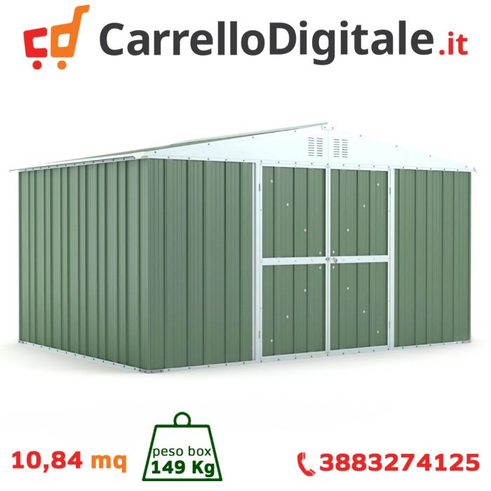 Box in Acciaio Zincato Casetta da Giardino Esterna 4.03 x 2.69 m x h2.17 m - 149 KG – 10.84 metri quadri - VERDE