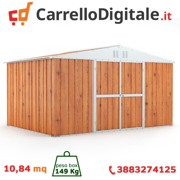 Box in Acciaio Zincato Casetta da Giardino Esterna 4.03 x 2.69 m x h2.17 m - 149 KG – 10.84 metri quadri - LEGNO 